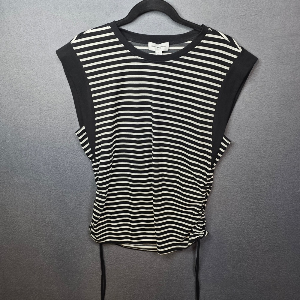 Marc New York Jeans Striped Ruched Side Sleeveless Top Black White Large Preppy